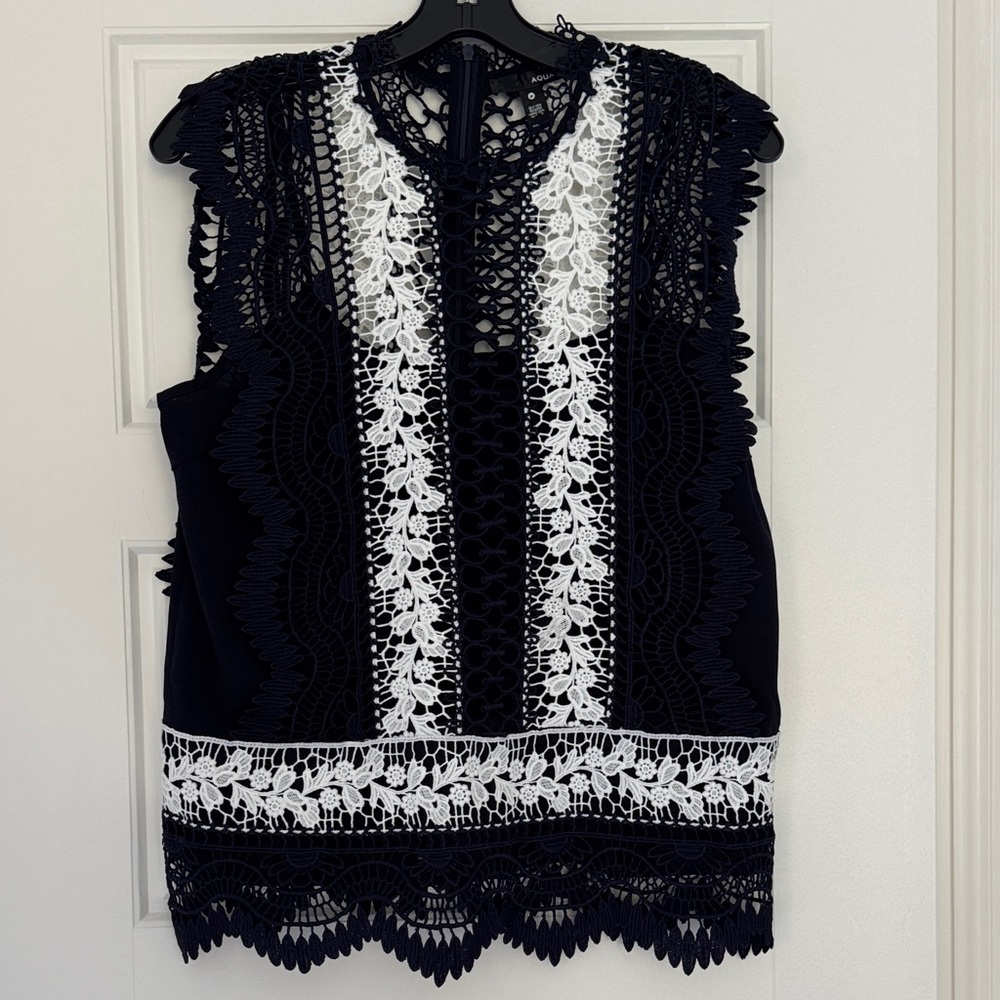 Aqua Navy and White Lace Blouse